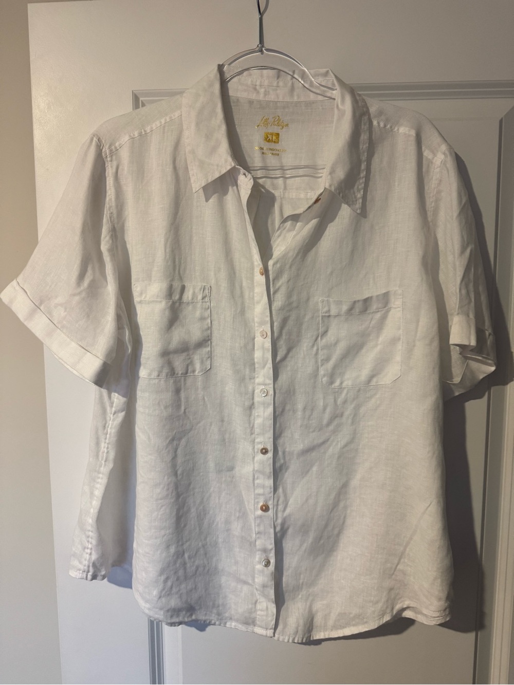 Lilly Pulitzer White Linen Button Down Shirt XL Short Sleeve Coastal Resort Top